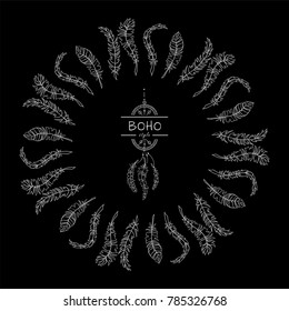 Vector tribal frame with place for Your text. Illustration of ethnic feathers, dreamcatcher. Boho style art, perfect for invitations, quotes, blogs, posters and more. Black and white chalkboard style