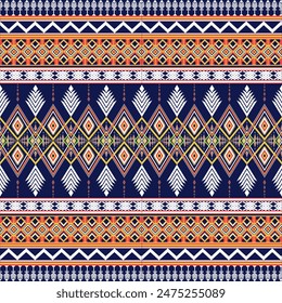 Vector of tribal geometric ethnic oriental ikat seamless pattern. Vintage multicolor Ethnic Abstract Aztec Navajo stripes lines on blue background for wallpaper folk batik carpet. Mexican motif