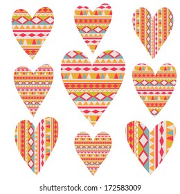 Vector tribal  hearts set,  aztec vintage folklore background pattern in vector. Valentine's Day card. Love. Romantic backdrop. Set of striped lacy hearts. Seamless pattern is complete (inside)