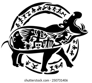 Vector tribal hippo, illustration, tattoo stamp
