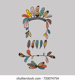 Vector tribal illustration with boho design elements - arrows and feathers