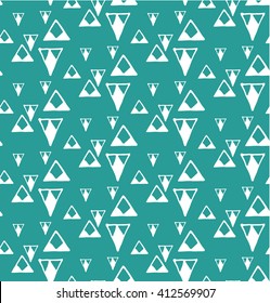 Vector tribal inspired seamless geometric  hipster pattern with white  triangles on turquoise background.