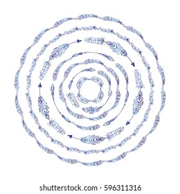 Vector tribal mandala art. Illustration of ethnic feathers, perfect for prints, posters. Boho style art, blue watercolor. Set of round frames, hand drawn doodle style