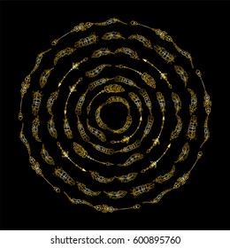 Vector tribal mandala art. Illustration of ethnic feathers, perfect for prints, posters. Boho style art, premium gold color on black. Set of round frames, hand drawn doodle style  