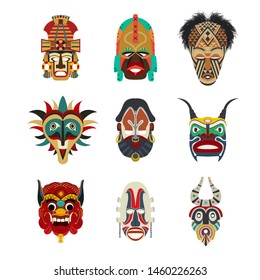 Vector tribal masks set, isolated objects over white background