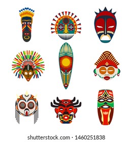 Vector tribal masks set, isolated objects over white background