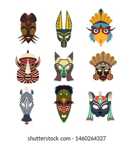 Vector tribal masks set, isolated objects over white background