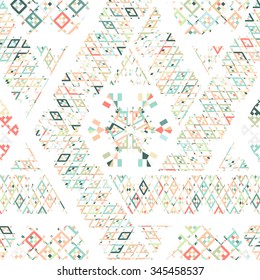 Vector Tribal Mexican ethnic seamless texture, pattern with stripes, geometrical triangles. Vintage boho art print ornament. Colorful repeating background. Cloth design, wallpaper, wrapping, business.