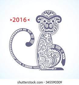 Vector tribal monkey illustration. New year calendar 