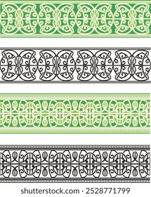 Vector tribal ornamental friezes in color and black and white, vinyl-ready. Page decoration design elements, great for greeting cards, wedding invitations. Created by author, not AI generated.