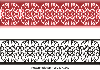 Vector tribal ornamental friezes in color and black and white, vinyl-ready. Page decoration design elements, great for greeting cards, wedding invitations. Created by author, not AI generated.