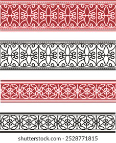 Vector tribal ornamental friezes in color and black and white, vinyl-ready. Page decoration design elements, great for greeting cards, wedding invitations. Created by author, not AI generated.