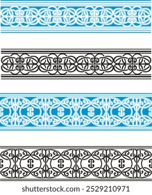 Vector tribal ornamental friezes in color and black and white, vinyl-ready. Page decoration design elements, great for greeting cards, wedding invitations. Created by author, not AI generated.