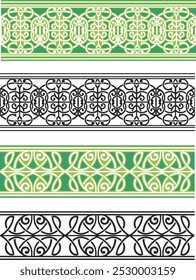 Vector tribal ornamental friezes in color and black and white, vinyl-ready. Page decoration design elements, great for greeting cards, wedding invitations. Created by author, not AI generated.