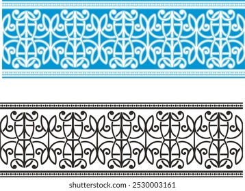 Vector tribal ornamental friezes in color and black and white, vinyl-ready. Page decoration design elements, great for greeting cards, wedding invitations. Created by author, not AI generated.