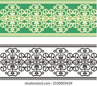 Vector tribal ornamental friezes in color and black and white, vinyl-ready. Page decoration design elements, great for greeting cards, wedding invitations. Created by author, not AI generated.