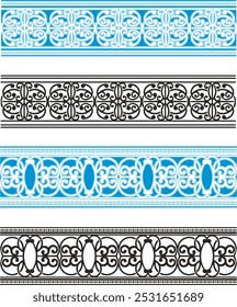 Vector tribal ornamental friezes in color and black and white, vinyl-ready. Page decoration design elements, great for greeting cards, wedding invitations. Created by author, not AI generated.