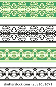 Vector tribal ornamental friezes in color and black and white, vinyl-ready. Page decoration design elements, great for greeting cards, wedding invitations. Created by author, not AI generated.