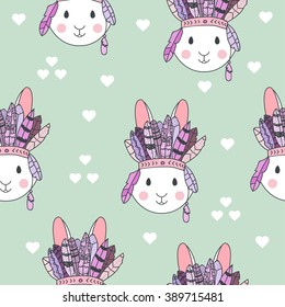 Vector tribal pattern with rabbit in headband with feathers. Hand drawn vector pattern for children fabric, clothes, room decoration. Cute bunny vector illustration. Bunny tribal fabric. Tribal rabbit