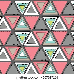 Vector tribal pink green grey pattern, simple texture with triangle. Modern abstract decoration. Summer geometric background 2017