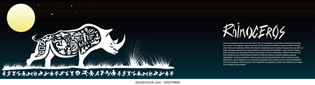 Vector tribal rhinoceros, rhino, illustration, background Africa - night