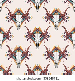 Vector tribal seamless pattern with bull skull and decorative ethnic ornament. Boho style. American indian motifs.