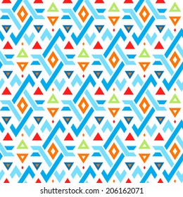 Vector Tribal Seamless Pattern. Geometric Ethnic Background with Colored Triangles and Crossed Lines
