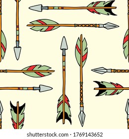 Vector tribal seamless pattern with hand drawn colorful arrows. Beautiful ethnic design elements, ink drawing. Perfect for prints and patterns