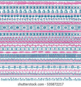 Vector tribal seamless pattern with hand drawn horizontal elements. Beautiful ethnic design elements, perfect for prints and patterns