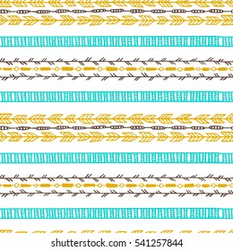 Vector tribal seamless pattern with hand drawn horizontal elements. Beautiful ethnic design elements, perfect for prints and patterns