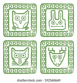 Vector tribal style animal stamps set, mayan ornamental tile 