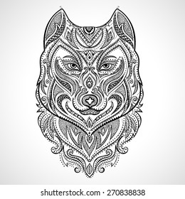 Vector tribal style wolf totem tattoo with ornaments