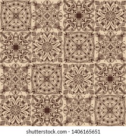 Vector tribal symmetric tiled seamless pattern on light background. Good for wallpaper, fabric, home decor.