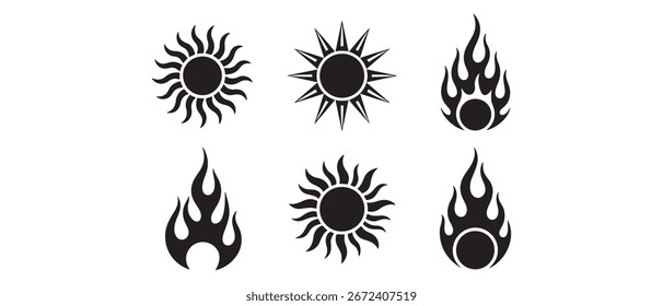 Vector Tatuaje Tribal Sun, Diseños de la llama. Silueta negra del Vector. con el fondo blanco
