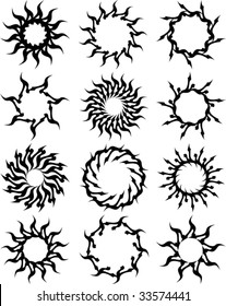 Vector Tribal Tattoo Set Sun, Flame Designs