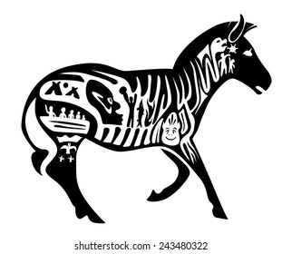 Vector tribal zebra, illustration, tattoo stamp - simple