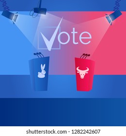 Vector Tribune Public Speaking for an Audience. Illustration Two Podium with Microphone Speaker. Blue with Image White Rabbit, Red with Image Bull. Political Race Presidential Candidates. Spotlights