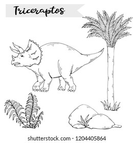 Vector Triceratops with plant and stone isolated on a white background.Jurassic Wildlife.Wild animals dinosaurus.Animal character.Wild creatures of the Jurassic period.Black dinosaurus Silhouette page