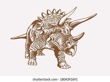 Vector triceratops , sepia background, graphical vintage  illustration of dinosaur