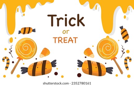 Vector trick or treat halloween party vector design happy halloween greeting text with ghost skull and pumpkin elements 