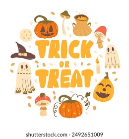 Vector Trick or Treat text with Halloween elements such as pumpkins, ghosts, witch hat, cauldron and candle on a white background. Halloween celebration design for greeting card, invitation.