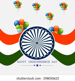 Vector tricolor background or Poster with Asoka wheel and balloon on white background for independence day India.