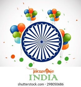 Vector tricolor background or Poster with Asoka wheel and balloon on white background for independence day India.