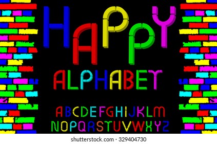 Vector tridimensional decorative multicolor font "Happy alphabet". Vector illustration