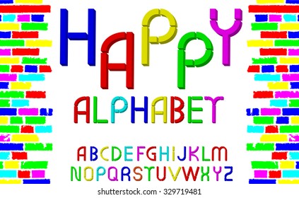 Vector tridimensional decorative multicolor font "Happy alphabet" on white background. Vector illustration