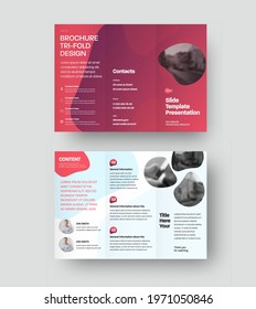 Vector trifold brochure with company information presentation, business concept. Leflet template with red geometric design, illustration, realistic shadows. Open booklet for advertising, promotion.Set