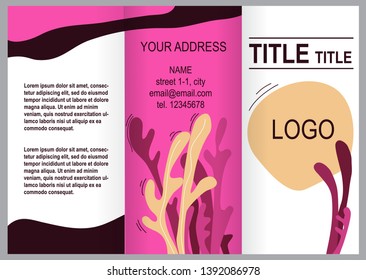 Vector tri-fold brochure design with liquid forms and long leaves. Pink and yellow template for companies presentations and  advertising.