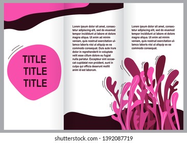 Vector tri-fold brochure design with liquid forms and long leaves. Pink template for companies presentations and  advertising.