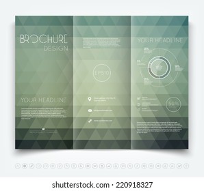Vector tri-fold brochure design template with triangular geometric pattern. Modern polygonal mosaic. Collection of icons.