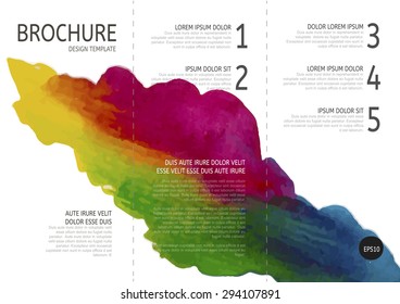 Vector tri-fold brochure design template with colorful watercolor background.